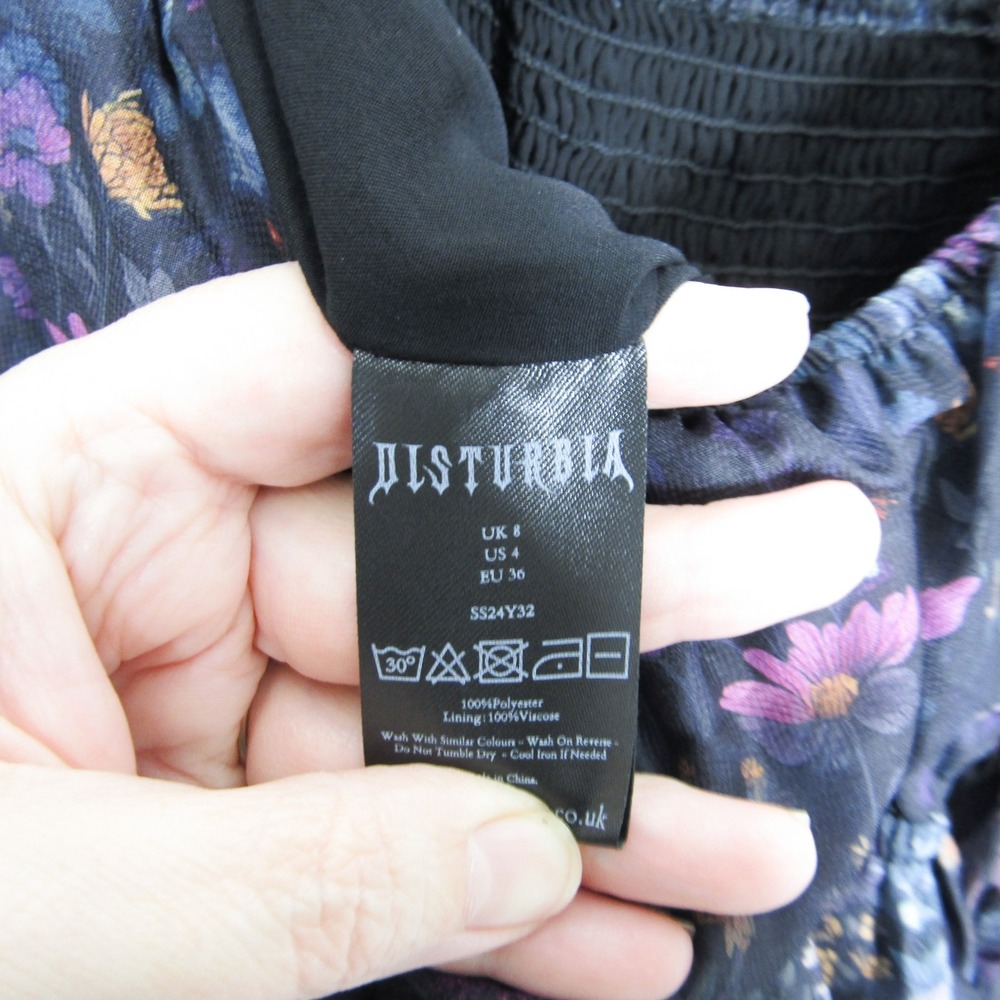 Disturbia Dark Floral Mini Dress Long Balloon Sleeve Smocked Tie Back US 4 y2K - Picture 9 of 11